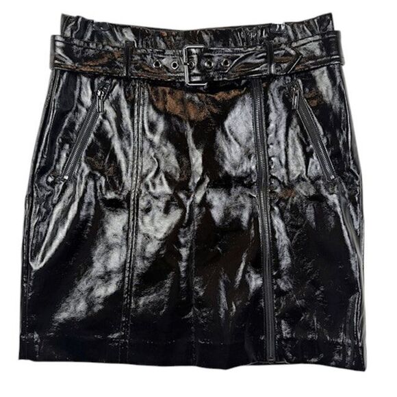 NWT Karl Lagerfeld Faux Patent Leather A-Line Mini Skirt Belted Black Size 4 - Picture 1 of 11